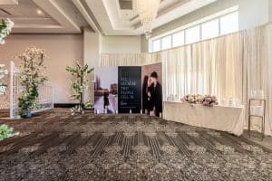 Hall entrance with backdrop and table